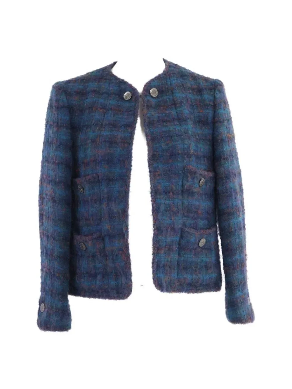 Chanel Check CC Logo Button Tweed Collarless Jacket 36
